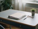 A closed folder of papers, a pen and reading glasses on a desk