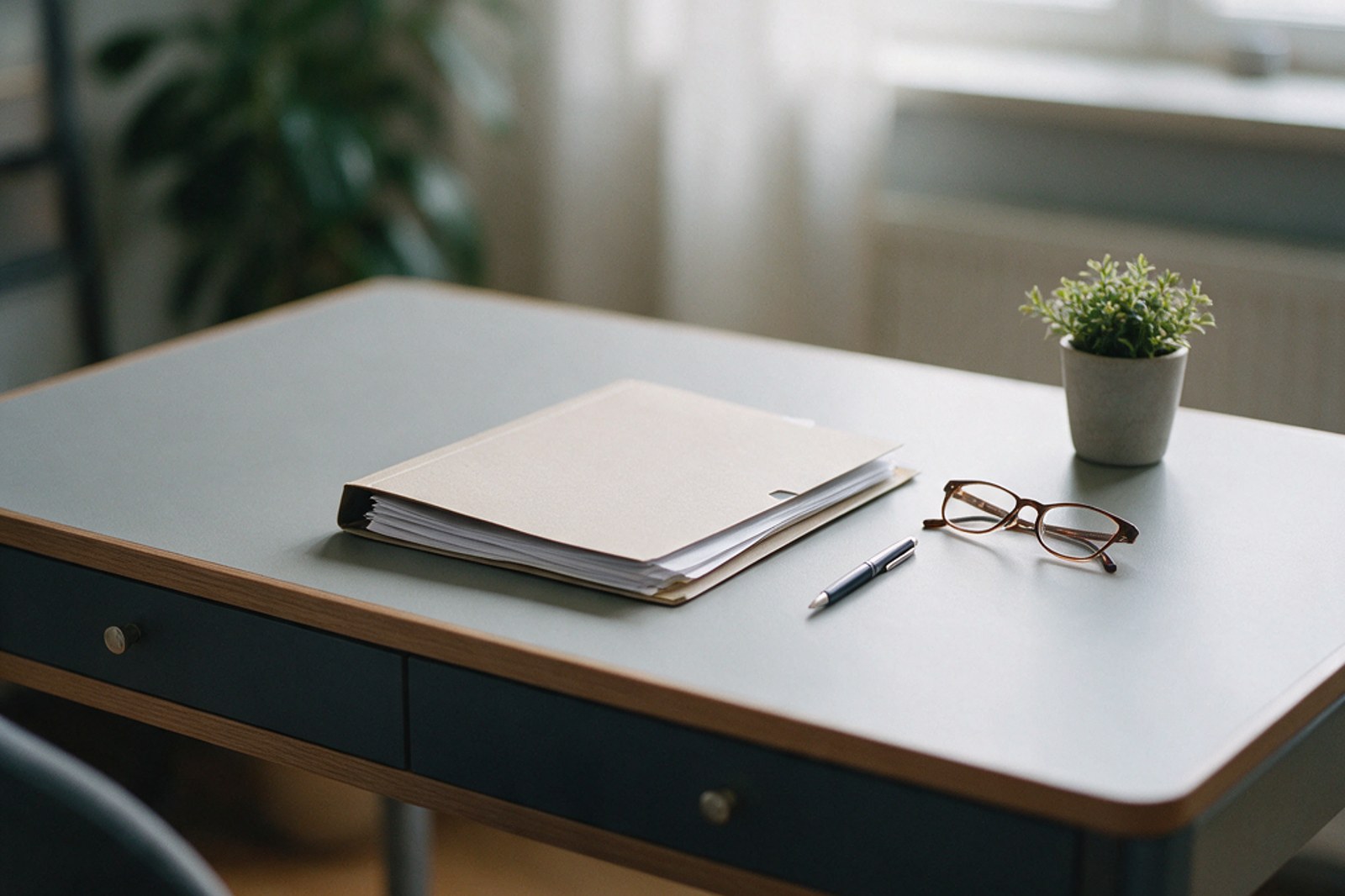 A closed folder of papers, a pen and reading glasses on a desk