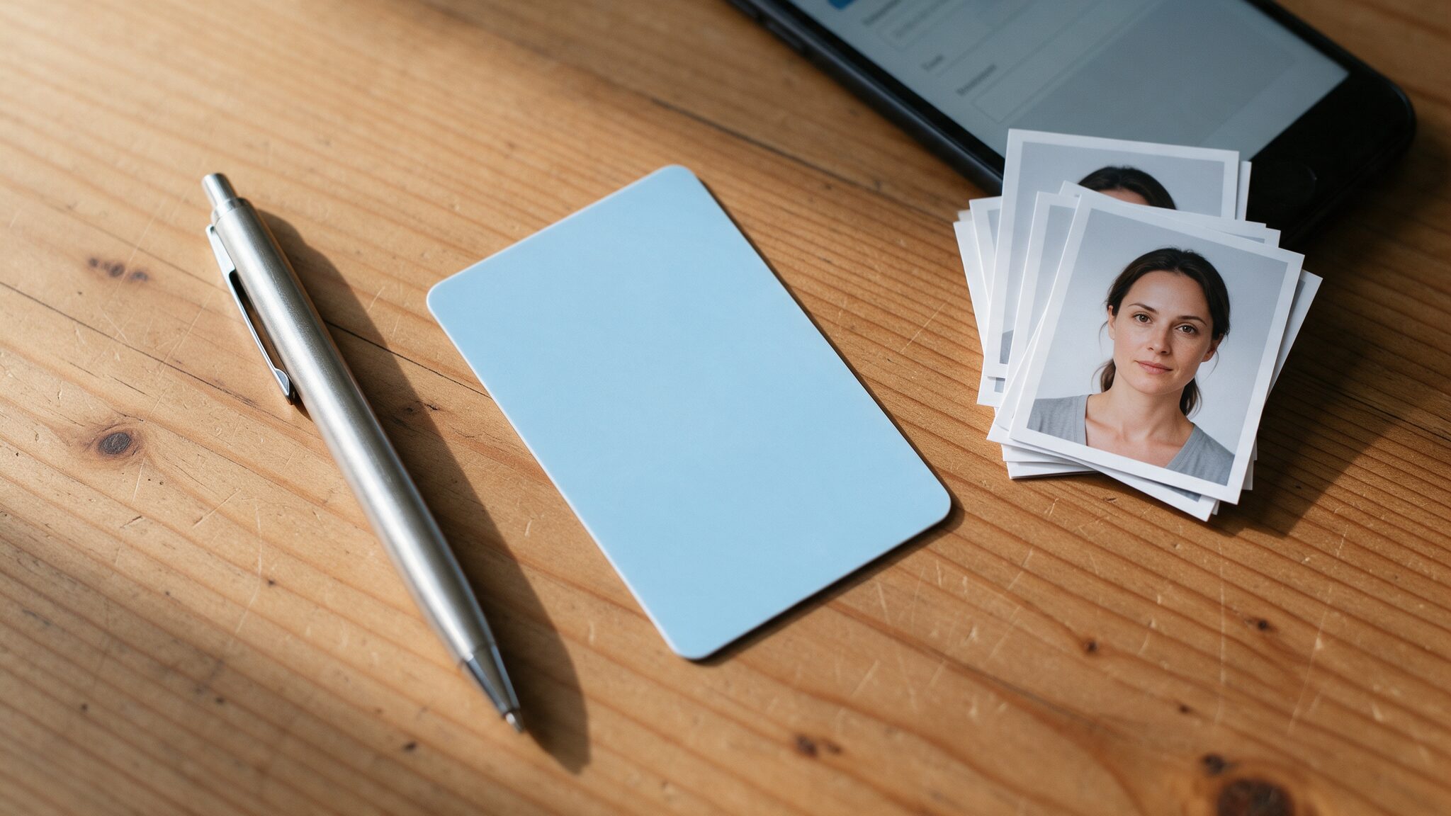A blank driving licence card, pen and passport-size photos arranged on a desk, AI-generated illustrative render