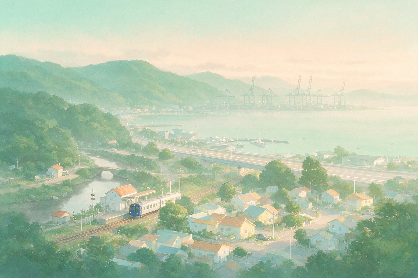 Illustration of a coastal town at the foot of green hills with a small railway station and distant port cranes, not an actual photograph