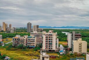 Residential blocks and creek in the Dronagiri node of Navi Mumbai