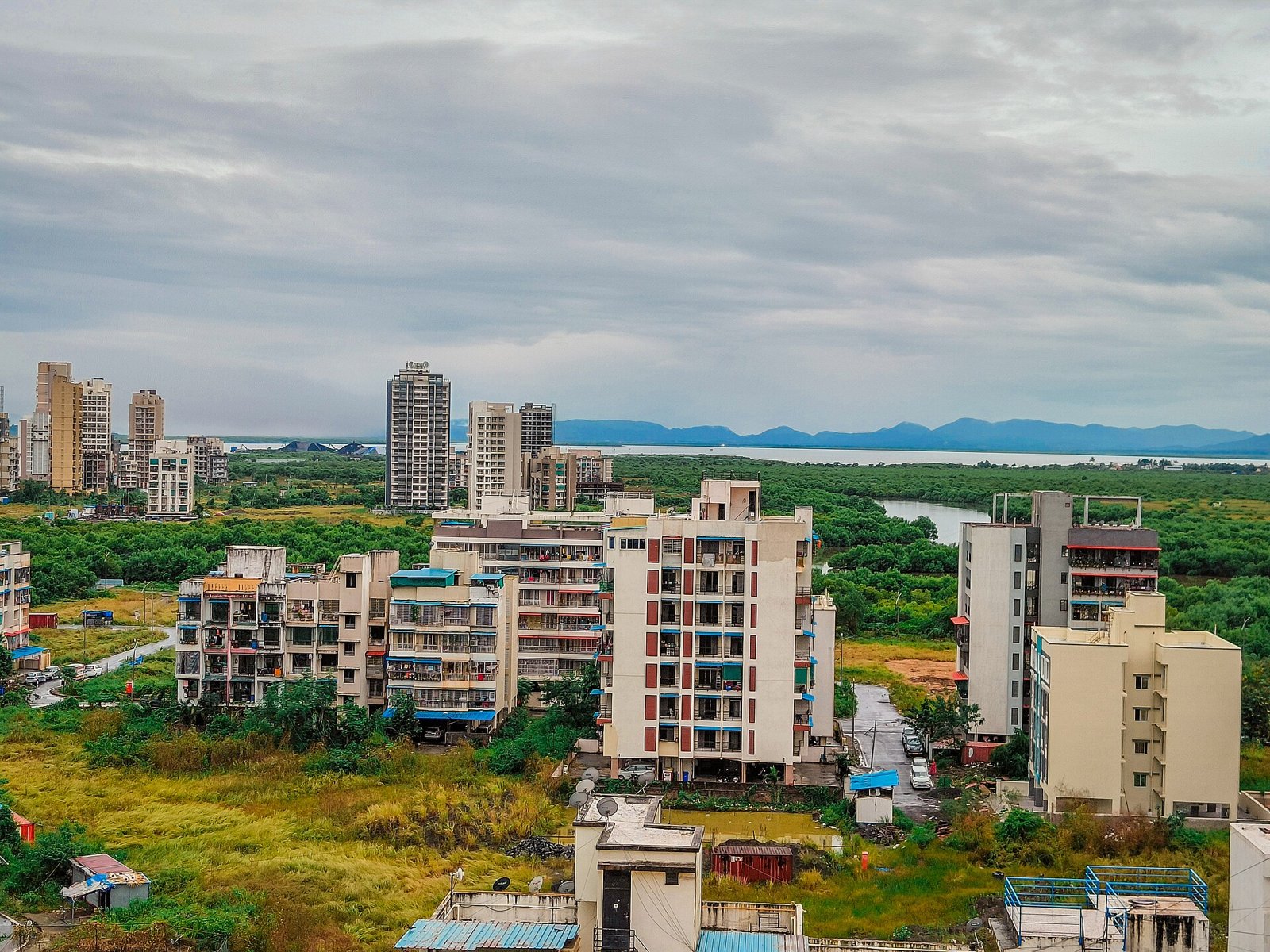 Residential blocks and creek in the Dronagiri node of Navi Mumbai