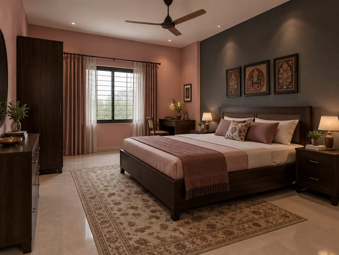 Dusty pink walls with charcoal grey accent, Indian bedroom colour combination, AI-generated illustrative render