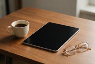 A tablet with a blank screen on a wooden desk beside a coffee cup