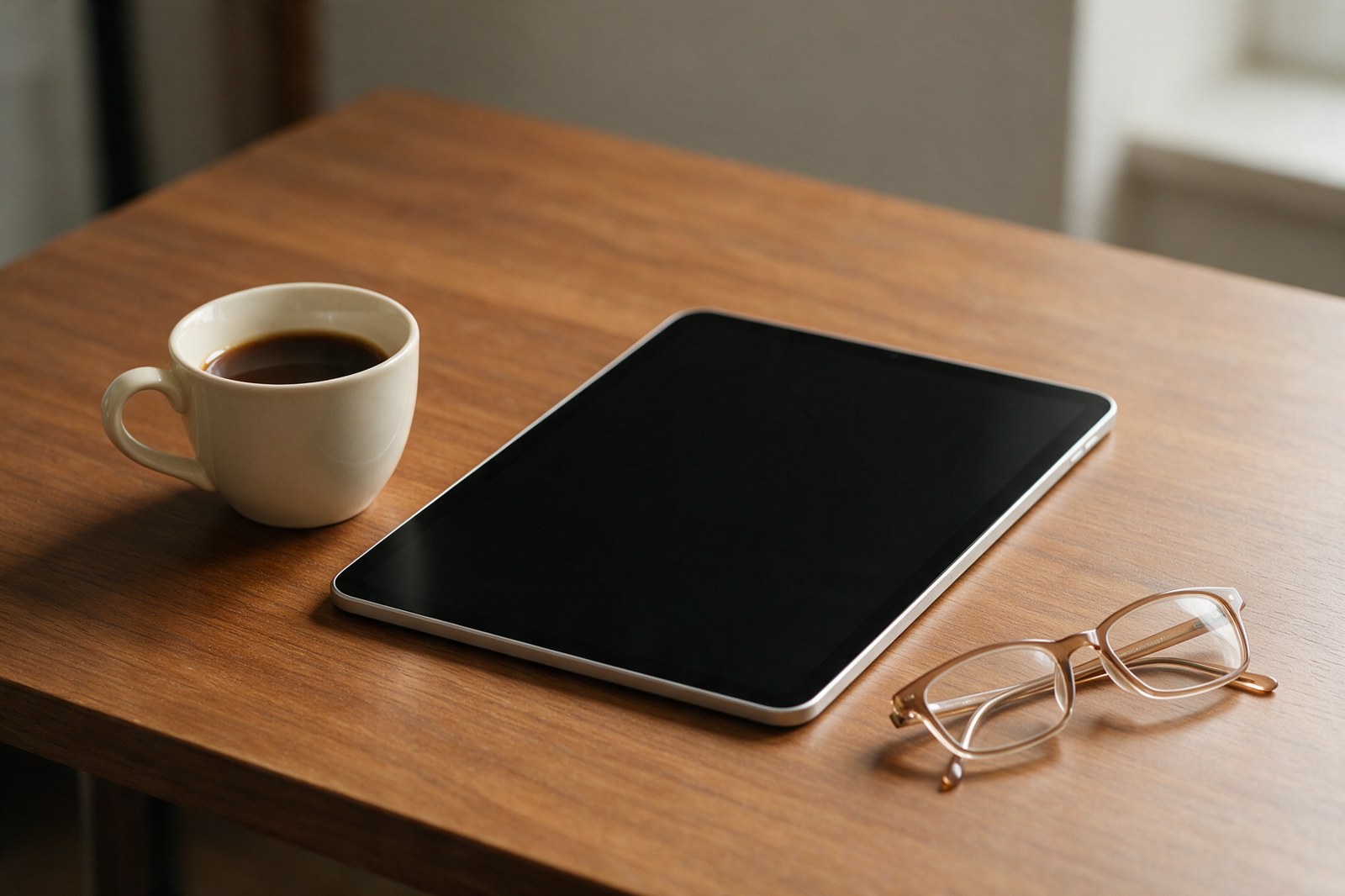 A tablet with a blank screen on a wooden desk beside a coffee cup