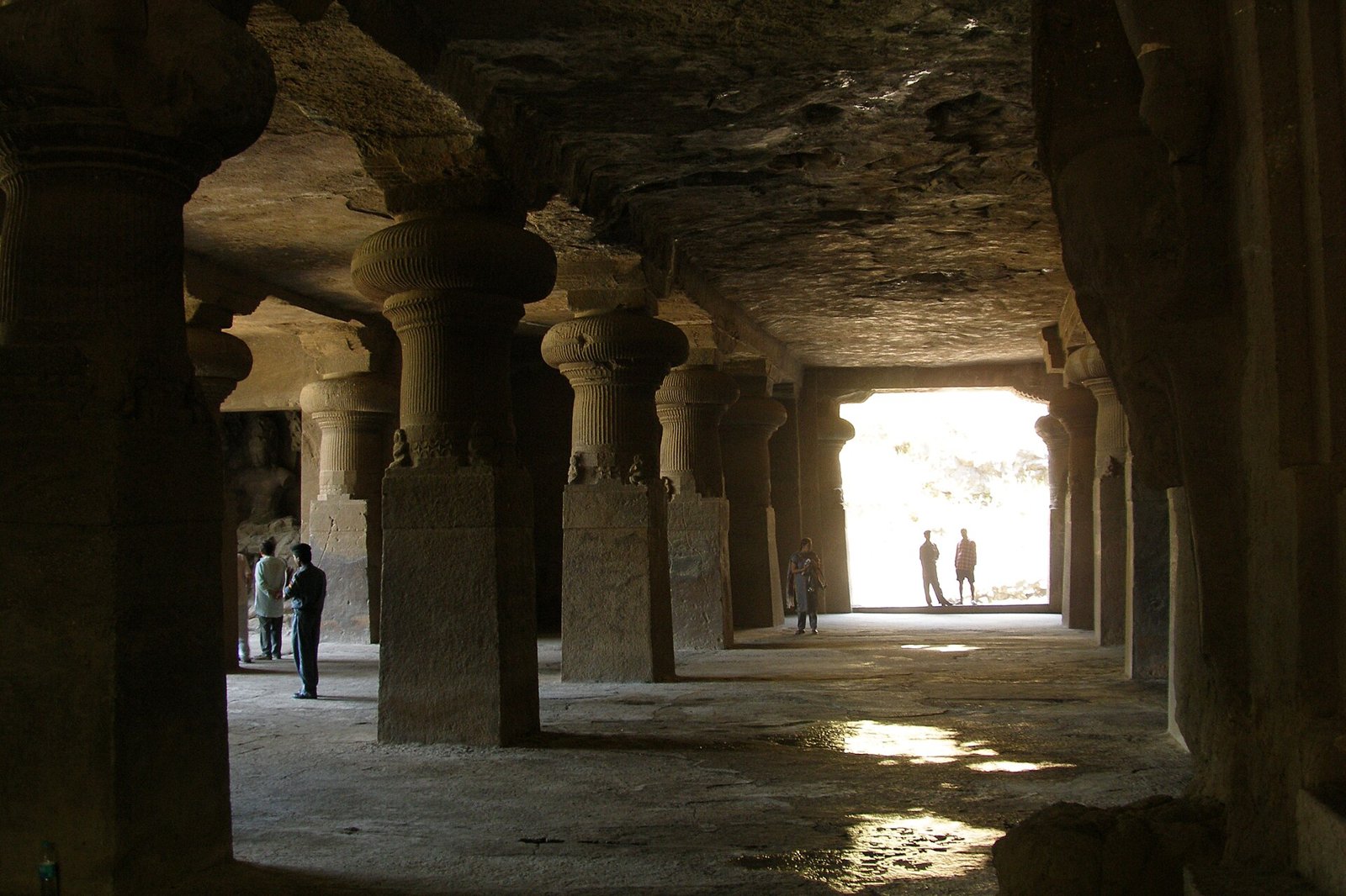 Pillared interior hall of a rock-cut cave at Elephanta Island