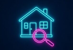 Neon line art illustration of a house with a magnifying glass, not an actual photograph