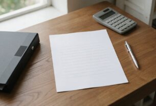 A blank lined form, a document folder, a pen and a calculator on a desk, AI-generated illustrative render