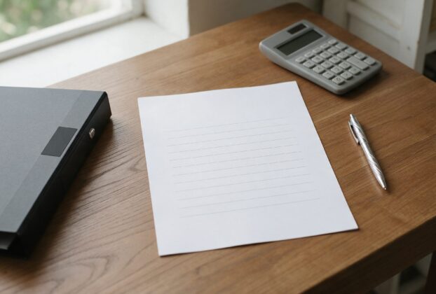 A blank lined form, a document folder, a pen and a calculator on a desk, AI-generated illustrative render