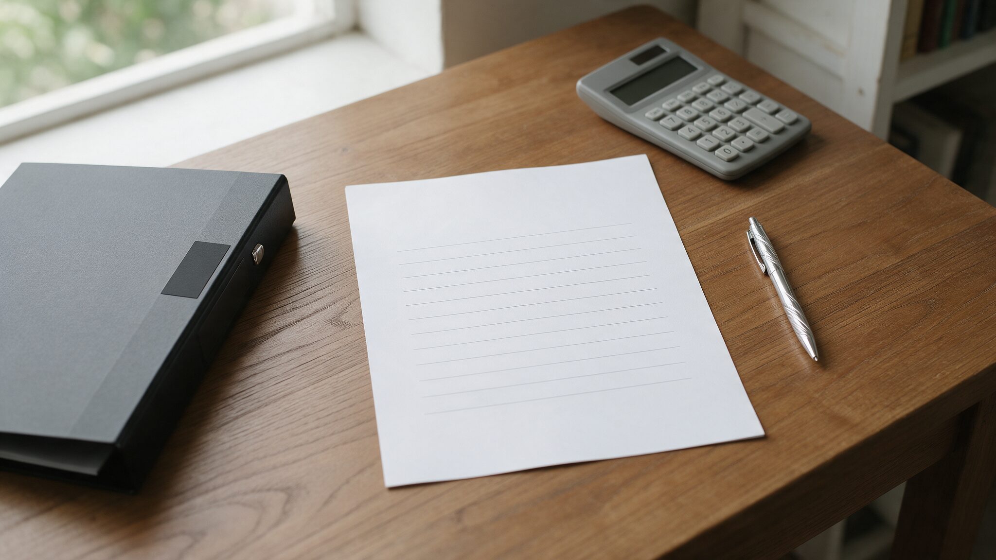 A blank lined form, a document folder, a pen and a calculator on a desk, AI-generated illustrative render