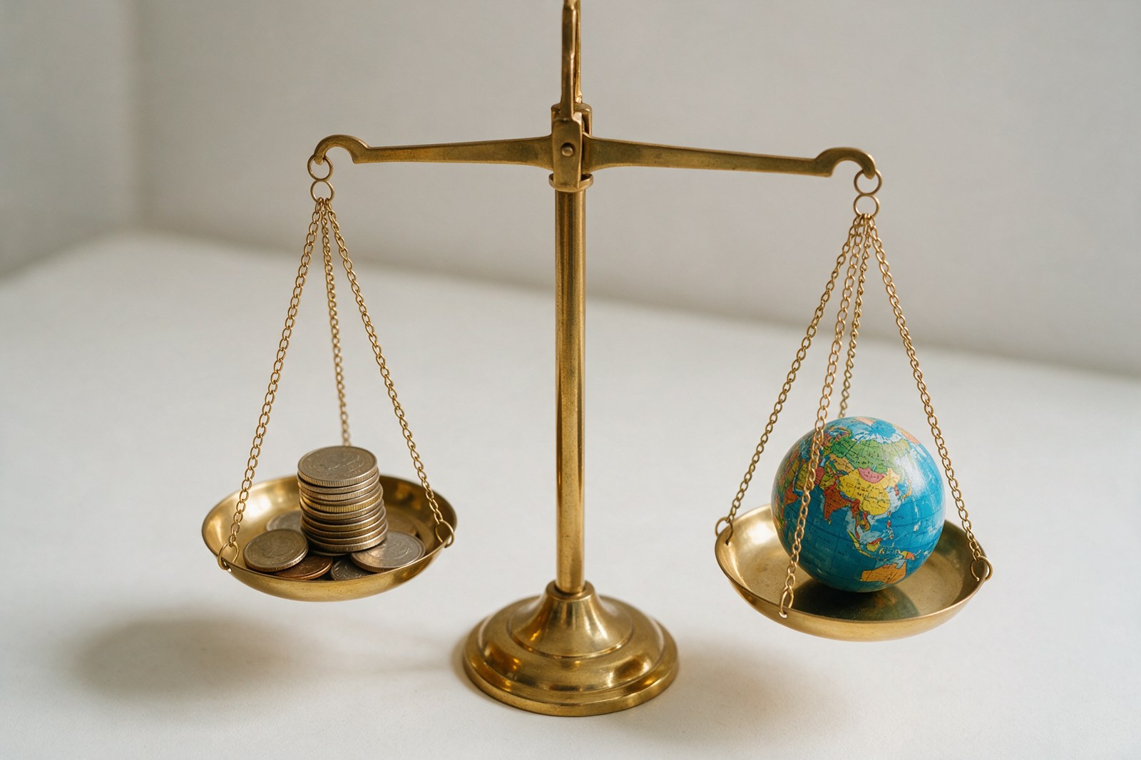 A brass balance scale with coins on one pan and a small globe on the other