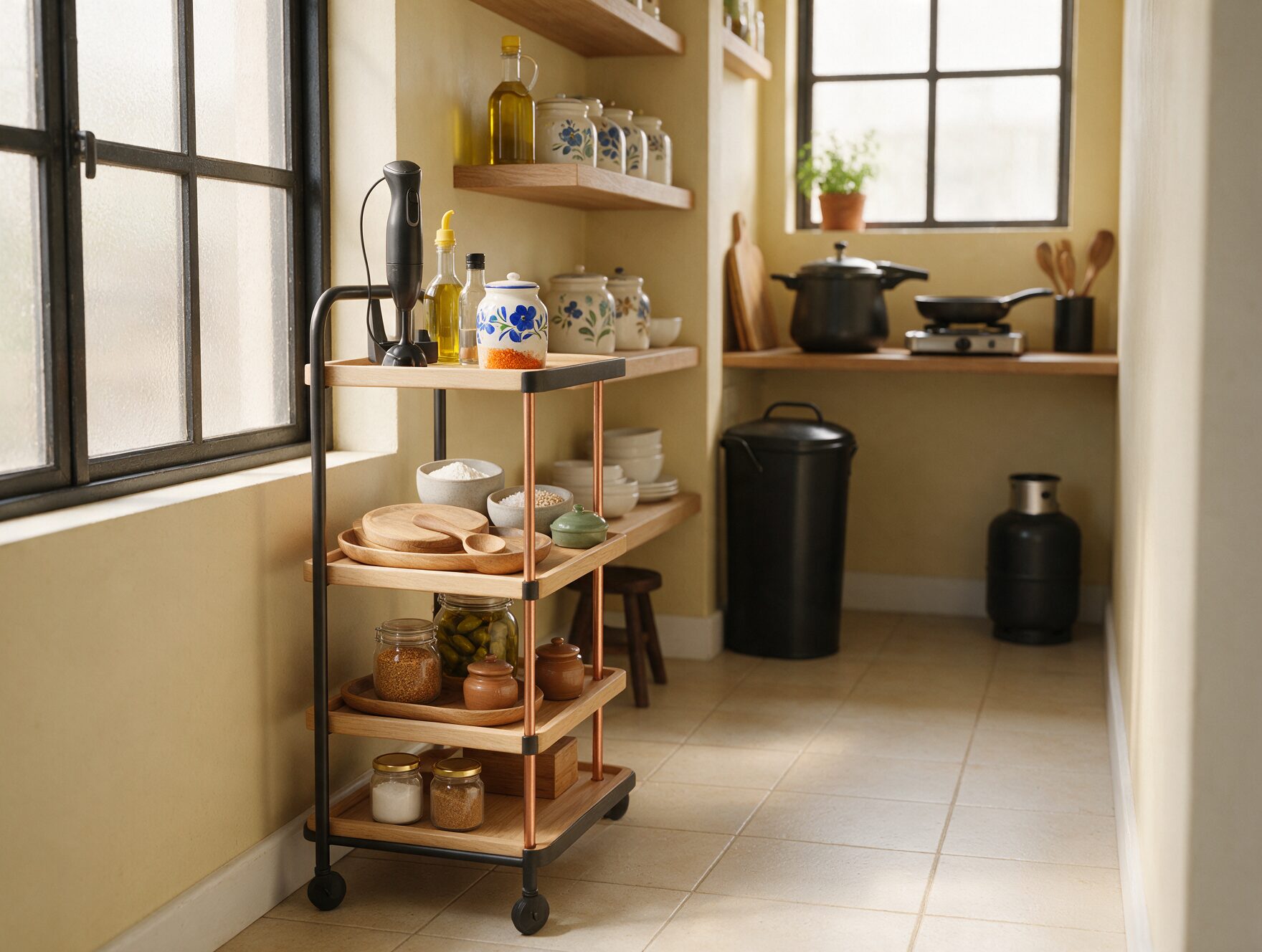 Renter-friendly wheeled storage trolley in a small Indian apartment kitchen