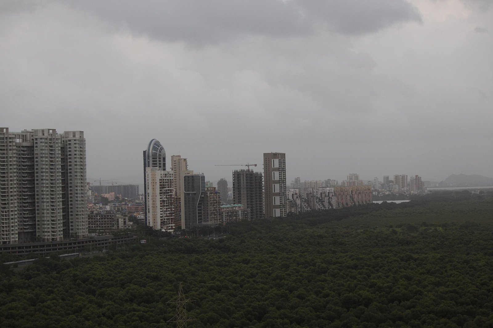 High rise towers along Palm Beach Road in Navi Mumbai above a green mangrove belt under monsoon cloud
