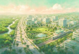 Illustration of a planned neighbourhood with a park, a railway station and mangroves in a Ghansoli-style setting, not an actual photograph