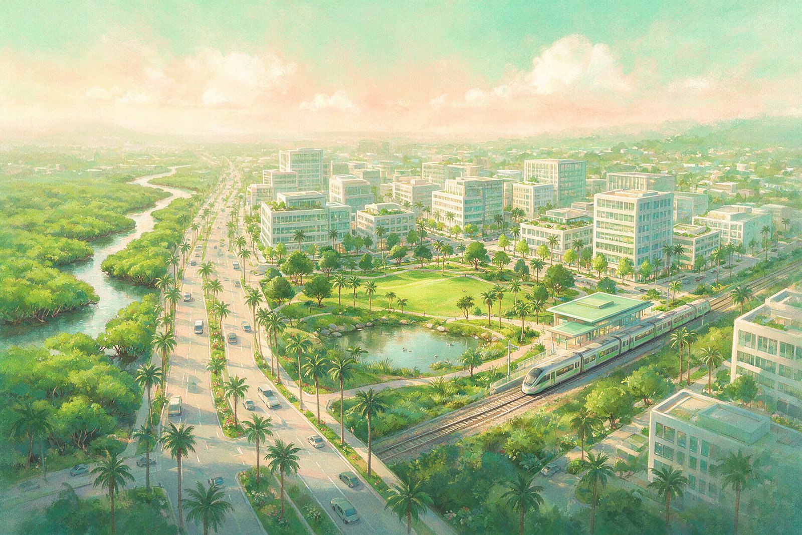 Illustration of a planned neighbourhood with a park, a railway station and mangroves in a Ghansoli-style setting, not an actual photograph