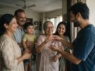 A family handing over the keys of a flat in a celebration of a gift