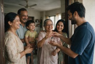 A family handing over the keys of a flat in a celebration of a gift