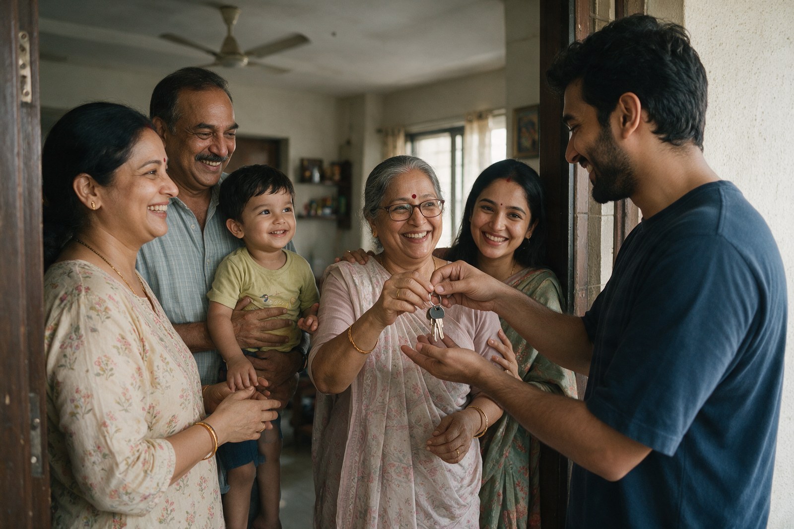 A family handing over the keys of a flat in a celebration of a gift