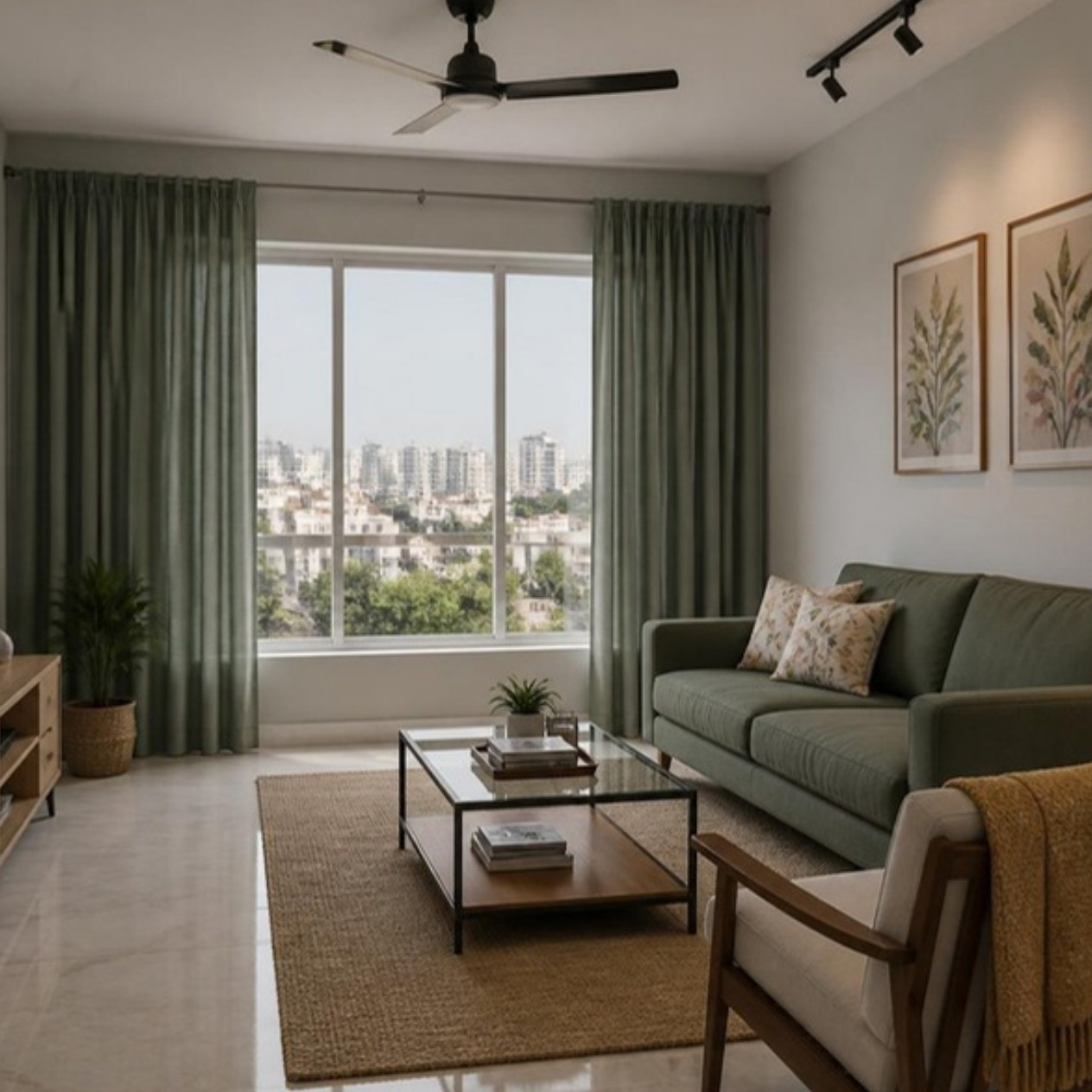 Grey walls with sage green curtains in an Indian apartment living room, AI-generated illustrative render