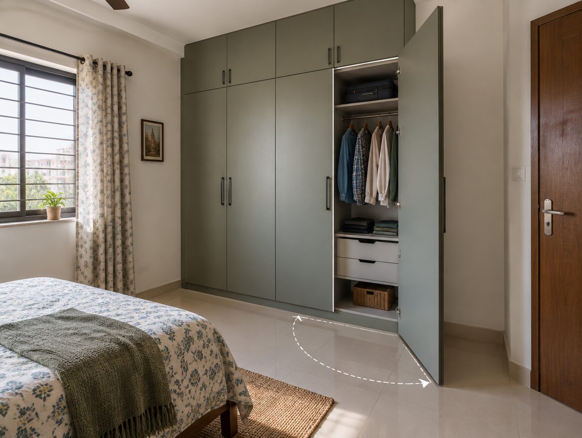 Hinged door wardrobe open in a small Indian bedroom, showing door swing clearance, AI-generated illustrative render