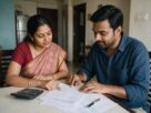 A couple at home going through home loan papers with a calculator