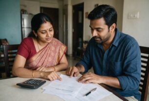 A couple at home going through home loan papers with a calculator