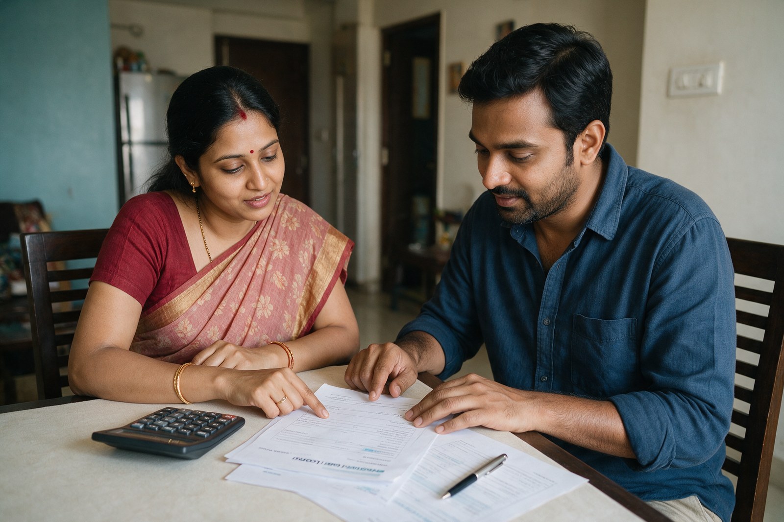 A couple at home going through home loan papers with a calculator