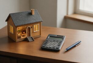 A small model house, a calculator and a pen on a desk