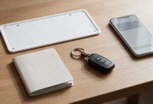 A blank number plate, a registration booklet, a car key and a phone on a desk, AI-generated illustrative render