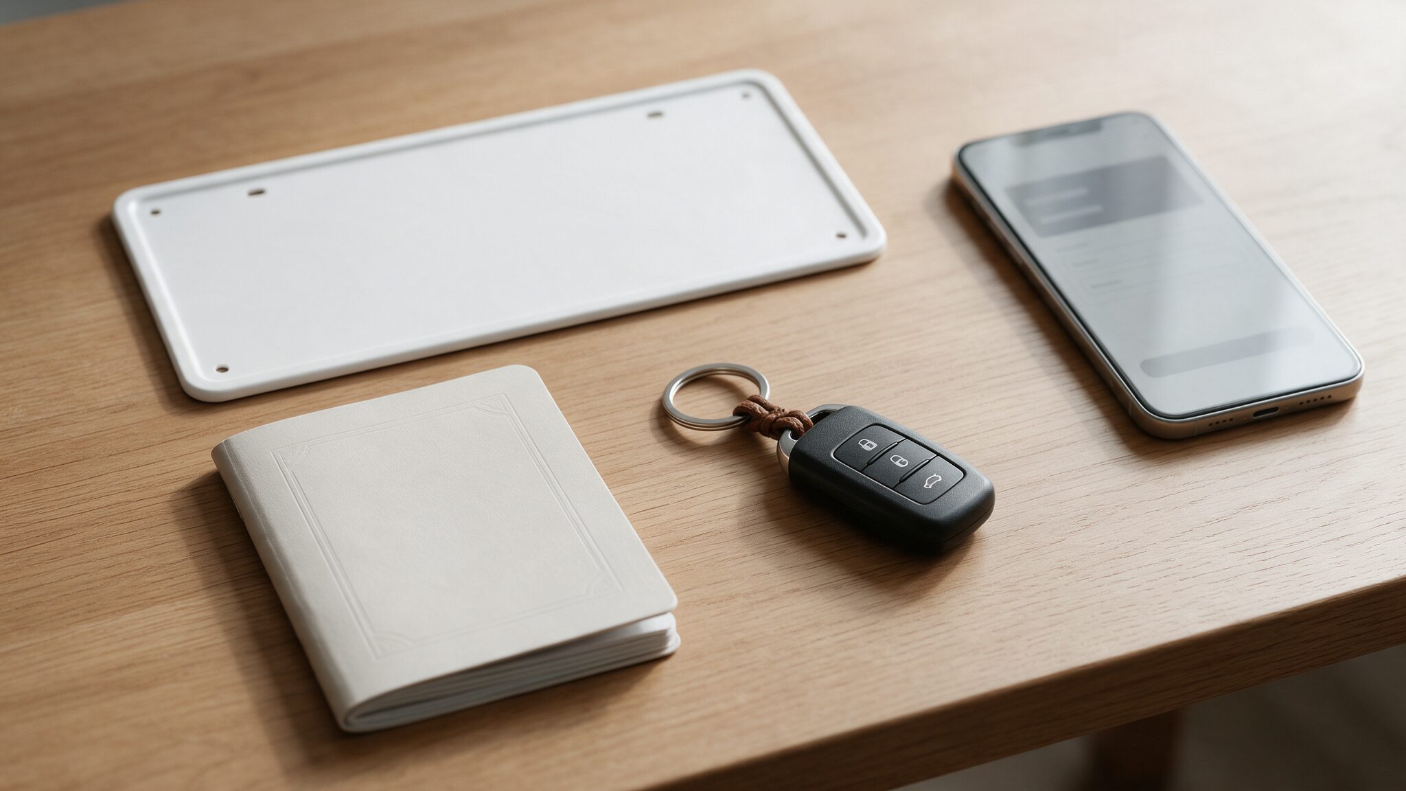 A blank number plate, a registration booklet, a car key and a phone on a desk, AI-generated illustrative render