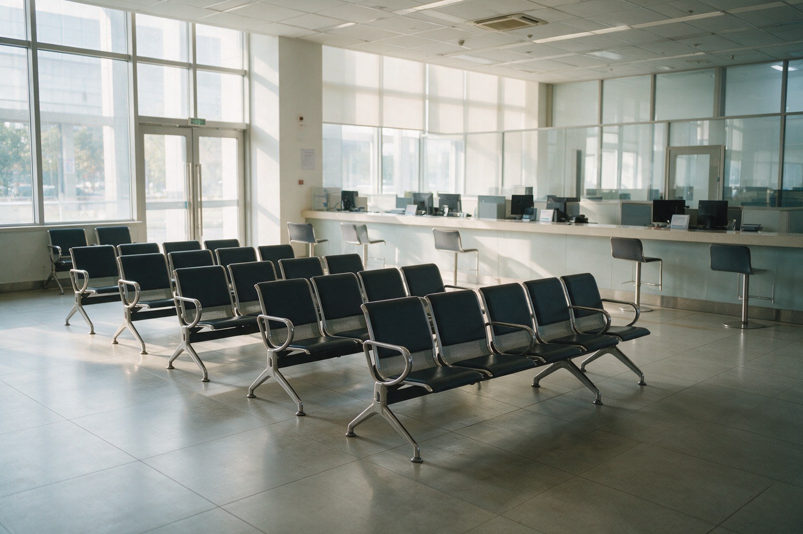 An empty government service centre waiting area with chairs and a reception counter