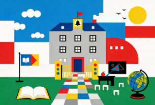 Bauhaus-style illustration of a school building with a globe and open books, not an actual photograph