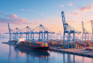 Illustration of a container port terminal with cranes and a cargo ship