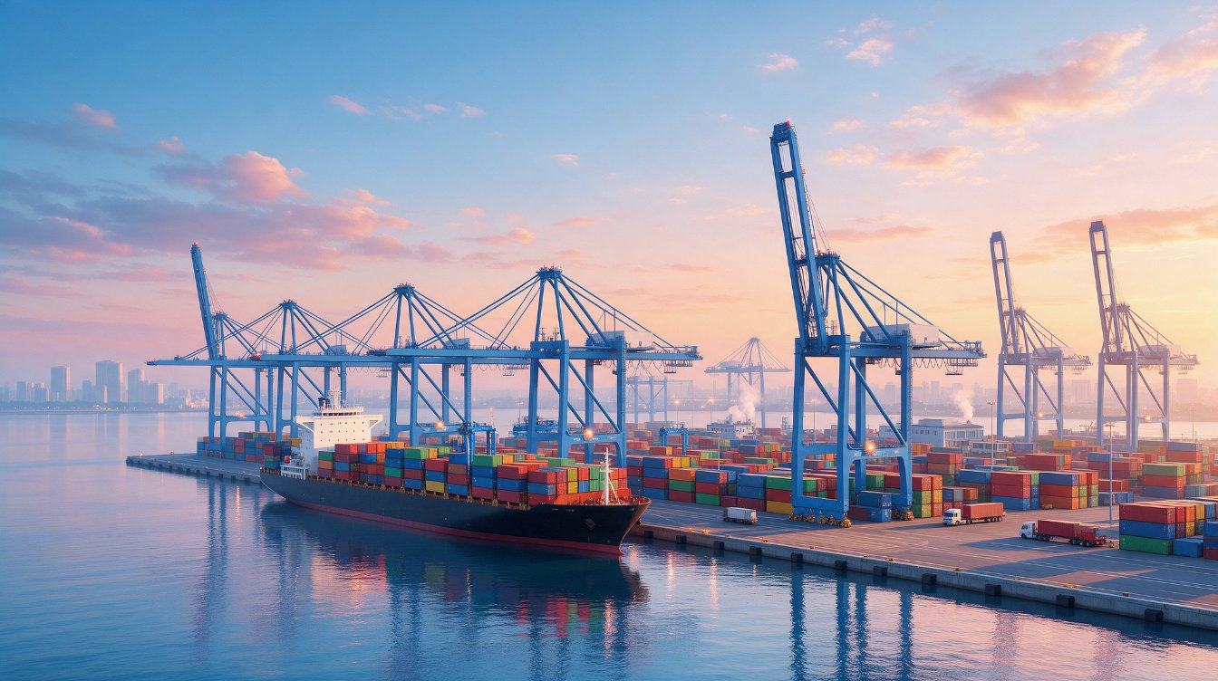 Illustration of a container port terminal with cranes and a cargo ship