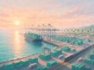 Illustration of a container port with quay cranes, a container ship, trucks and a freight train at sunrise, not an actual photograph