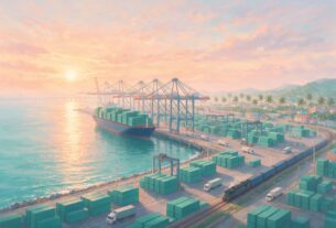 Illustration of a container port with quay cranes, a container ship, trucks and a freight train at sunrise, not an actual photograph