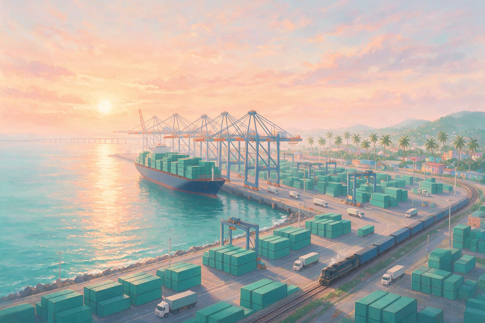 Illustration of a container port with quay cranes, a container ship, trucks and a freight train at sunrise, not an actual photograph