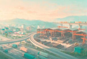 Illustration of a highway junction, a steel yard and a freight rail bridge in a Kalamboli-style setting, not an actual photograph