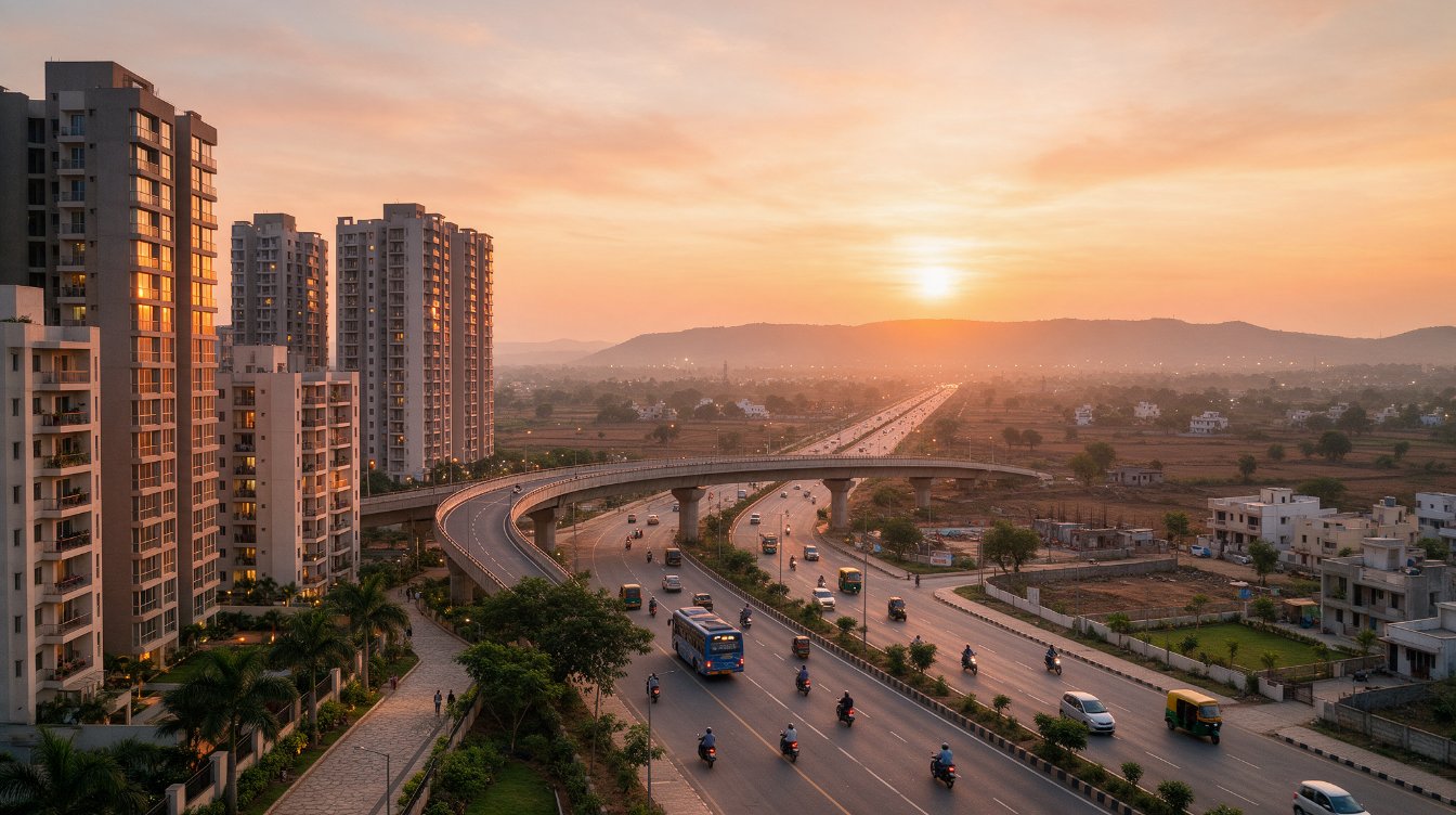 Illustrative AI-generated view of a highway junction with new residential towers, not an actual Kalamboli location.