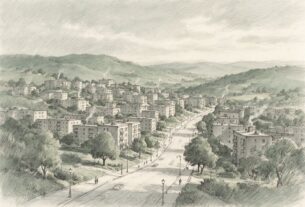 Pencil and ink sketch of a hillside suburb with apartment blocks and a wide road, illustration, not an actual photograph