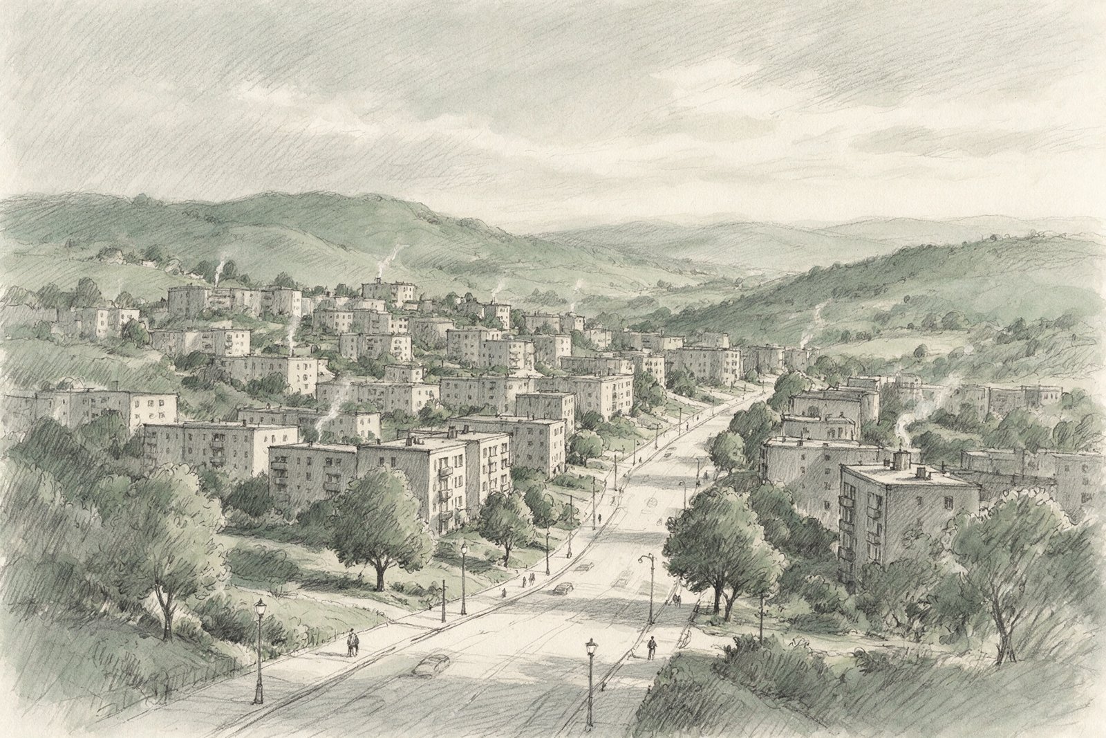 Pencil and ink sketch of a hillside suburb with apartment blocks and a wide road, illustration, not an actual photograph