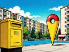Pop art halftone illustration of apartment blocks with a yellow letterbox and a map pin, not an actual photograph