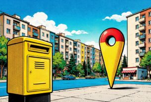 Pop art halftone illustration of apartment blocks with a yellow letterbox and a map pin, not an actual photograph