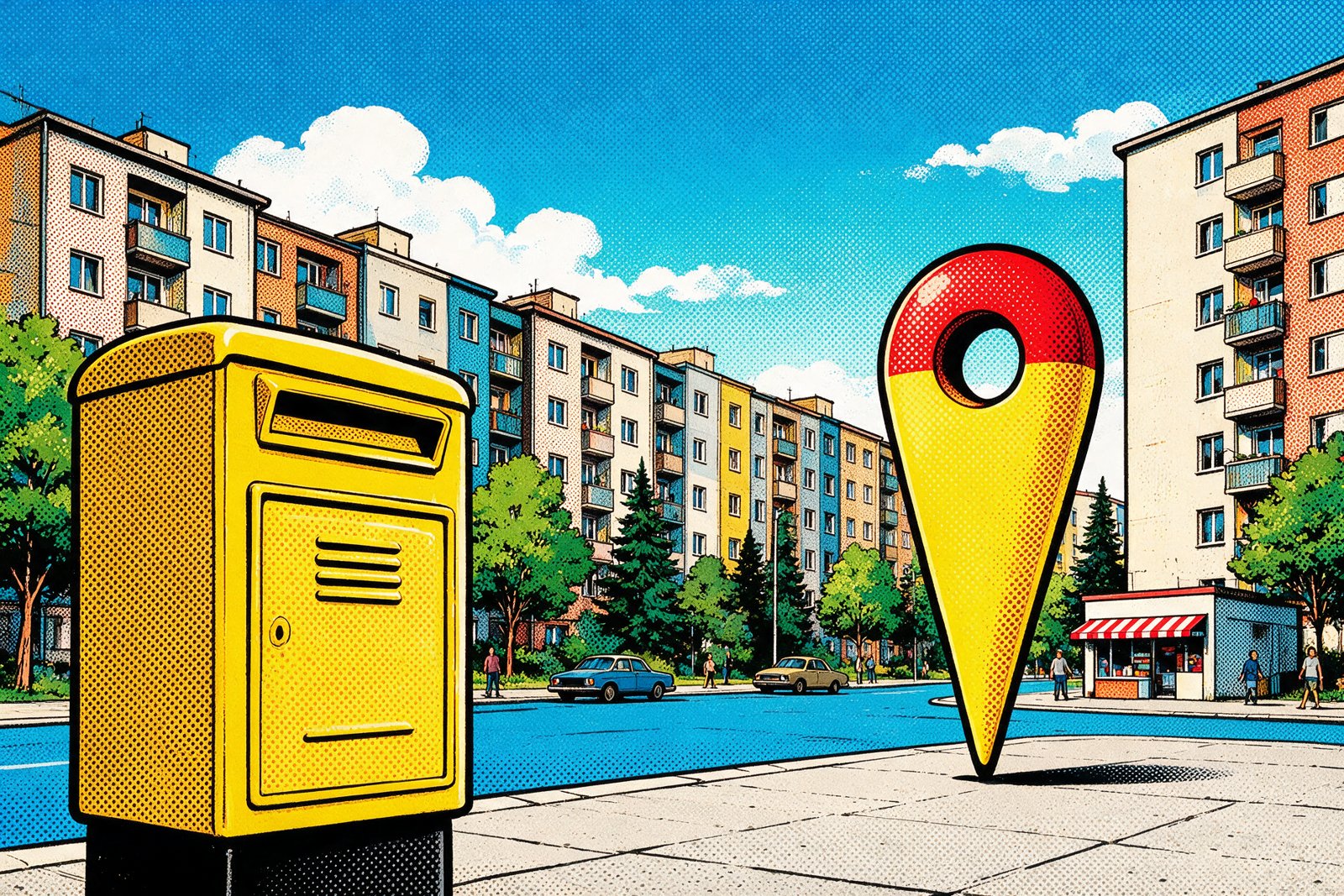 Pop art halftone illustration of apartment blocks with a yellow letterbox and a map pin, not an actual photograph