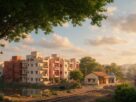 Illustrative AI-generated view of a residential neighbourhood beside a railway line, not an actual Kamothe location.