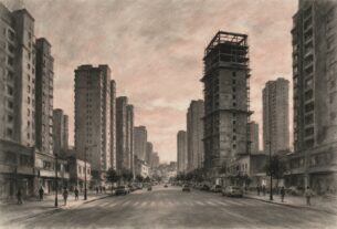Charcoal and chalk illustration of residential towers along a wide street at dusk, not an actual photograph