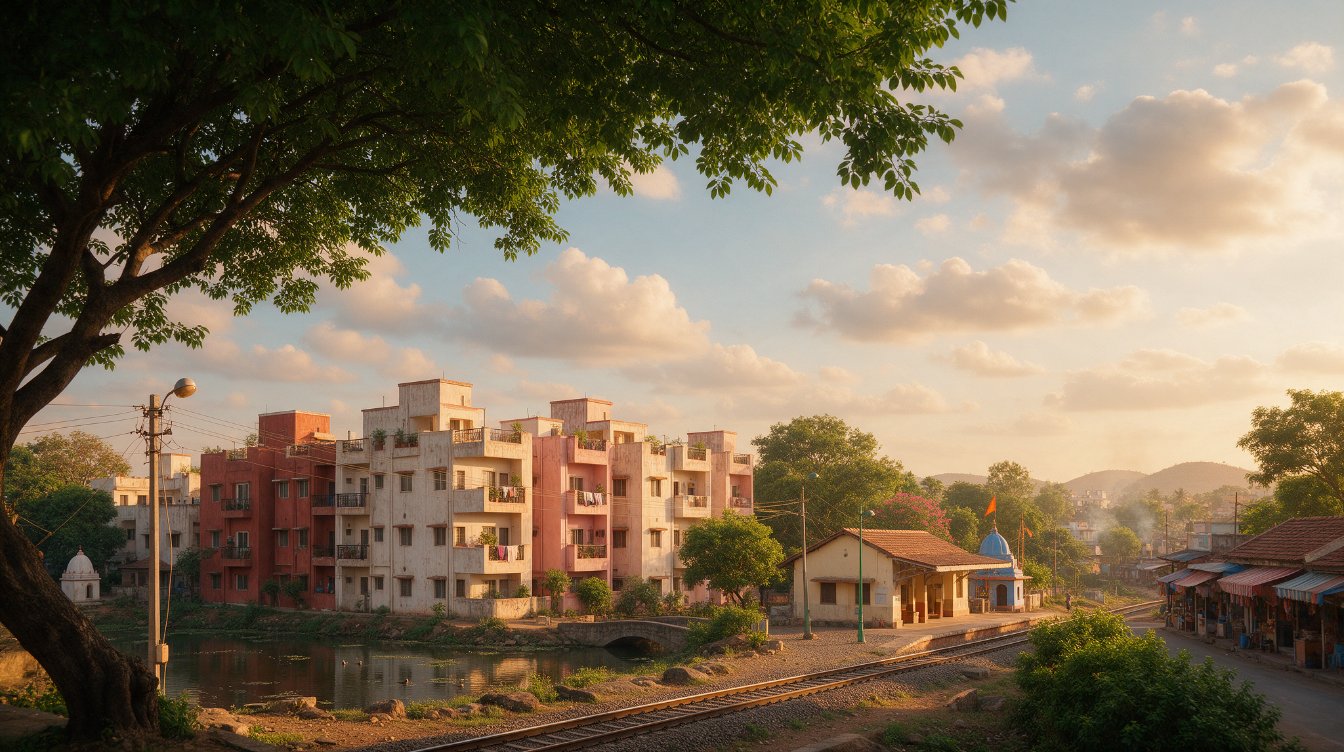Illustrative AI-generated view of a residential neighbourhood beside a railway line, not an actual Kamothe location.