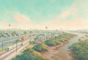 Illustration of a suburban railway line beside a highway, residential blocks and a mangrove creek in a Kamothe-style setting, not an actual photograph