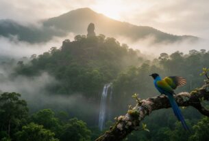 Illustrative AI-generated view of a misty forest hill with a fort rock spire and a bird on a branch, not an actual photograph of Karnala.