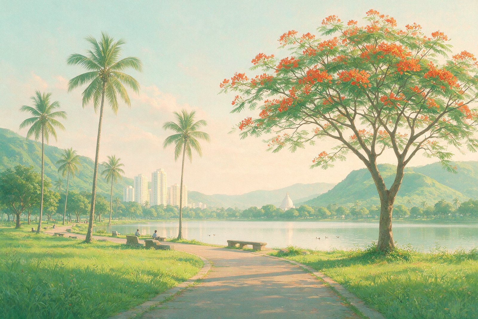 Illustration of a lakeside park with palm trees, a gulmohar tree and green hills, not an actual photograph